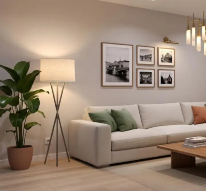 Nappali, amelyben a rétegezett fények elegáns, meleg hangulatot teremtenek