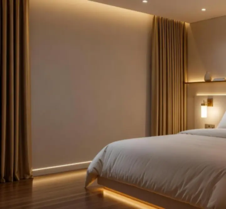 Modern hálószoba meleg, rétegzett világítással