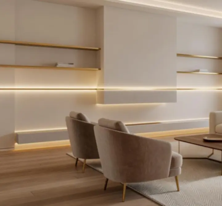 Meleg, elegáns nappalivilágítás egy modern lakótérben