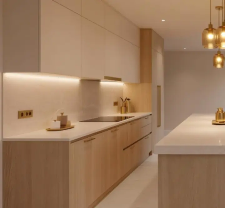 Elegáns, modern konyha jól megtervezett funkcionális és hangulati világítással