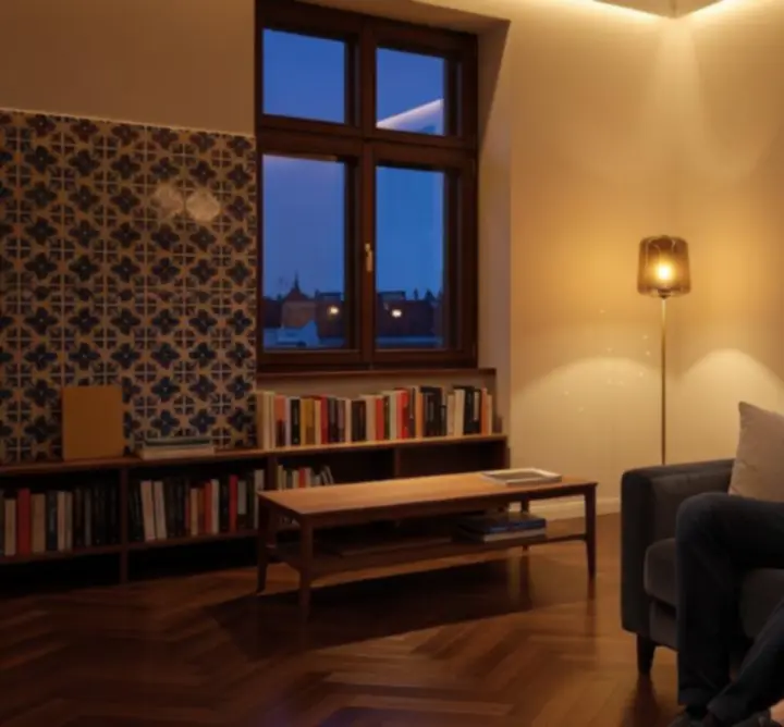 Elégedett ügyfél meleg fényű nappaliban