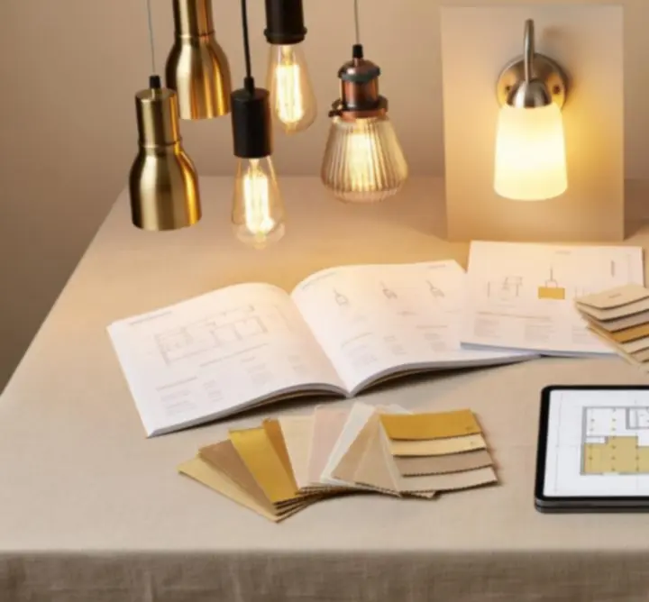 Asztalra helyezett modern lámpatestek és fényforrás minták