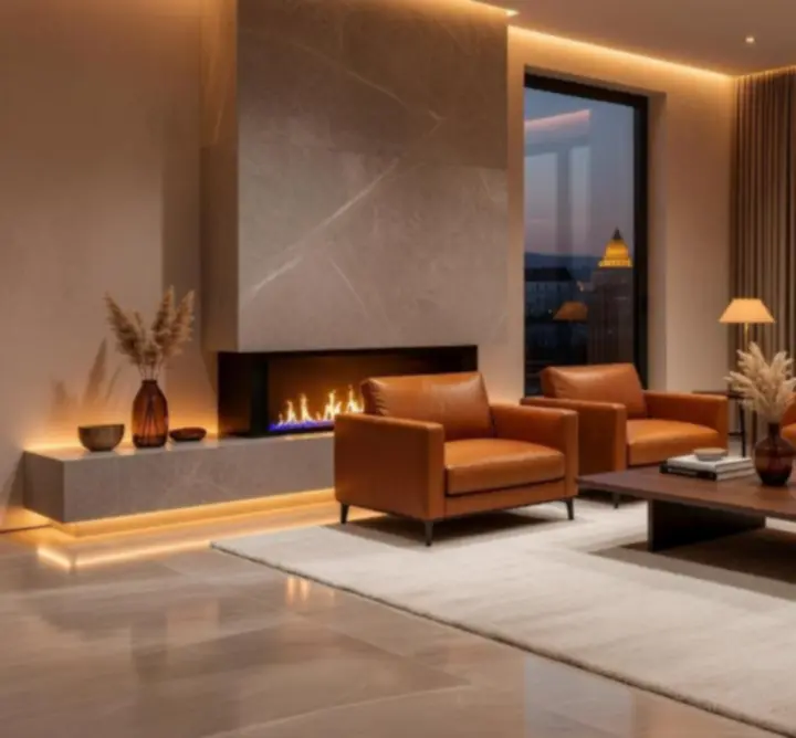 Modern nappali meleg rétegzett világítással egy budai villában