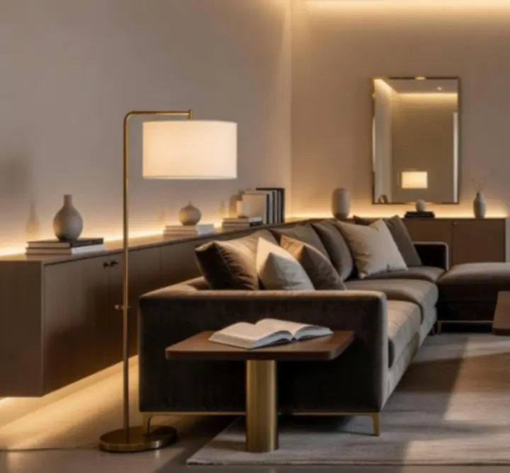 Elegánsan megvilágított nappali meleg, hangulatos fényekkel